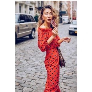 SALONI Red Polka Dot Off-Shoulder Midi Dress